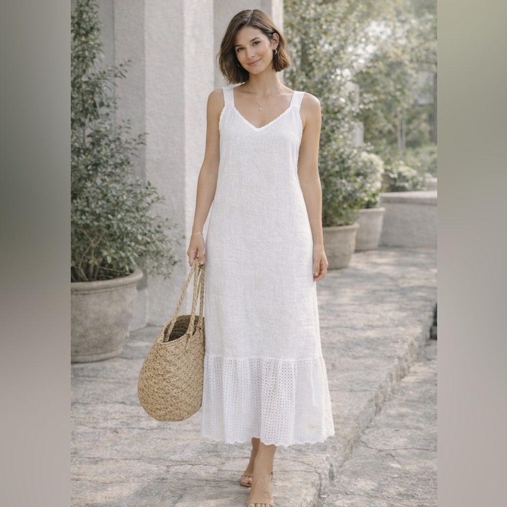 Francesca Bettini White Linen Midi Dress Eyelet Hem Italy XL Sleeveless